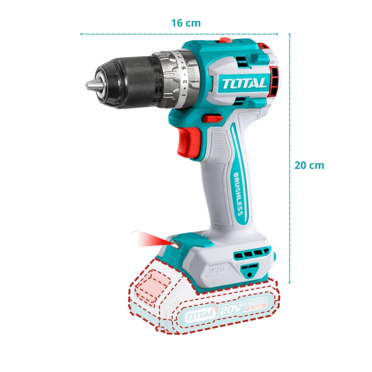 TIDLI20602 Taladro atornillador percutor brushless chuck metálico 20v +2 baterías 2.0ah total 2