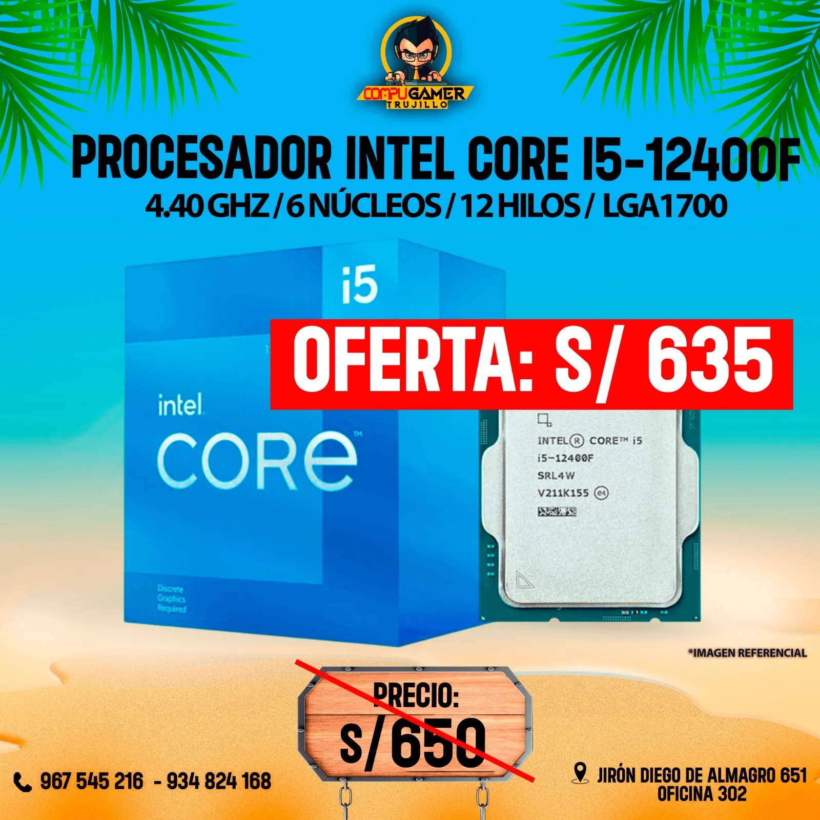 PROCESADOR INTEL CORE I5-12400F LGA1700, 4.40GHZ, 6 NÚCLEOS, 12 HILOS 