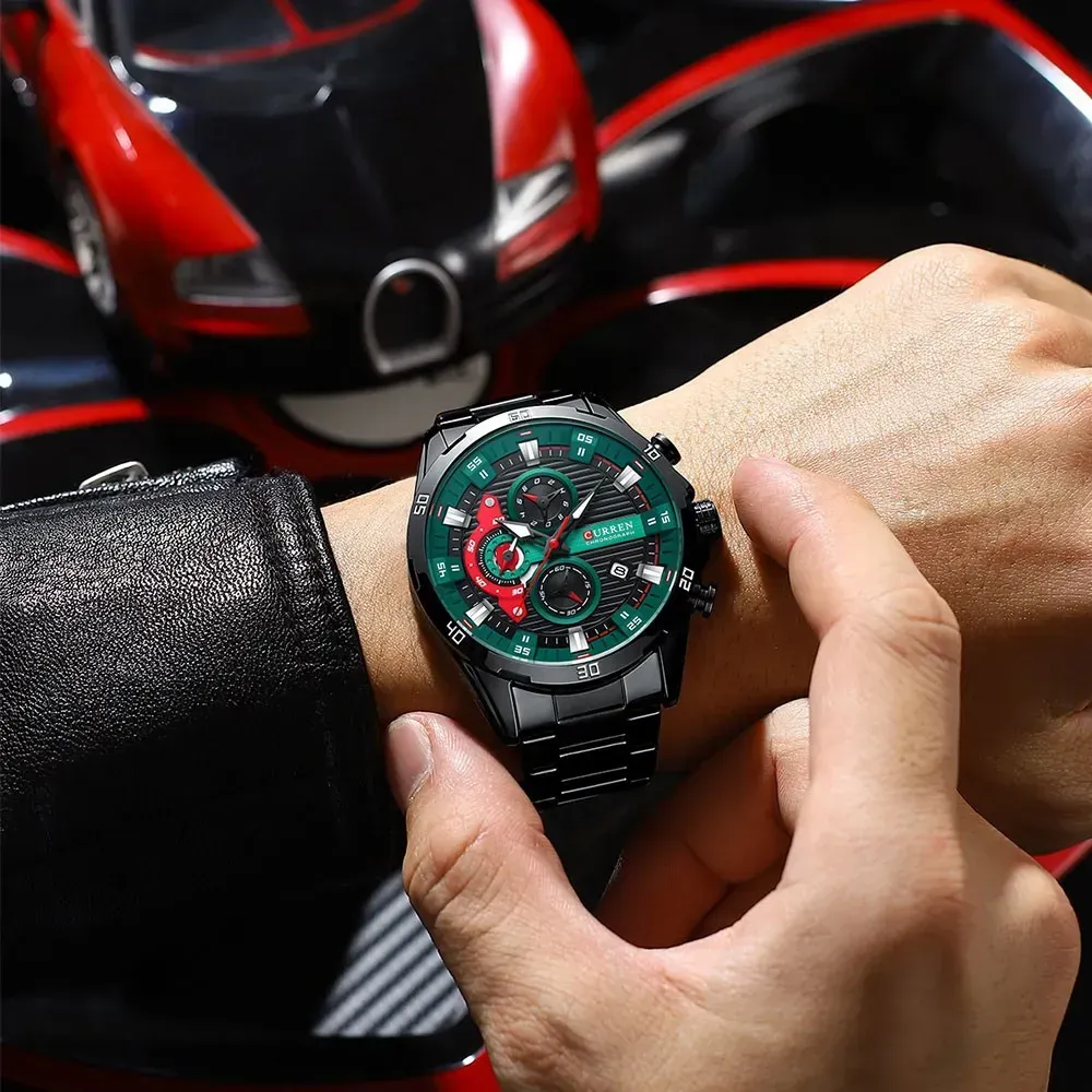 Reloj Curren Original Acero Cronografo 8402 Negro Fondo Negro Detalles Verdes Con Rojo 2