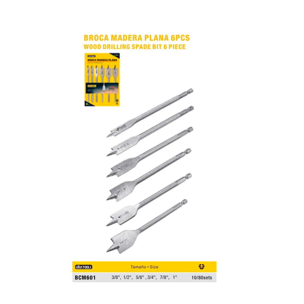 SET BROCA MADERA PLANA (paleta) 6pz UYUST 3/8-1/2-5/8-3/4-7/8-1