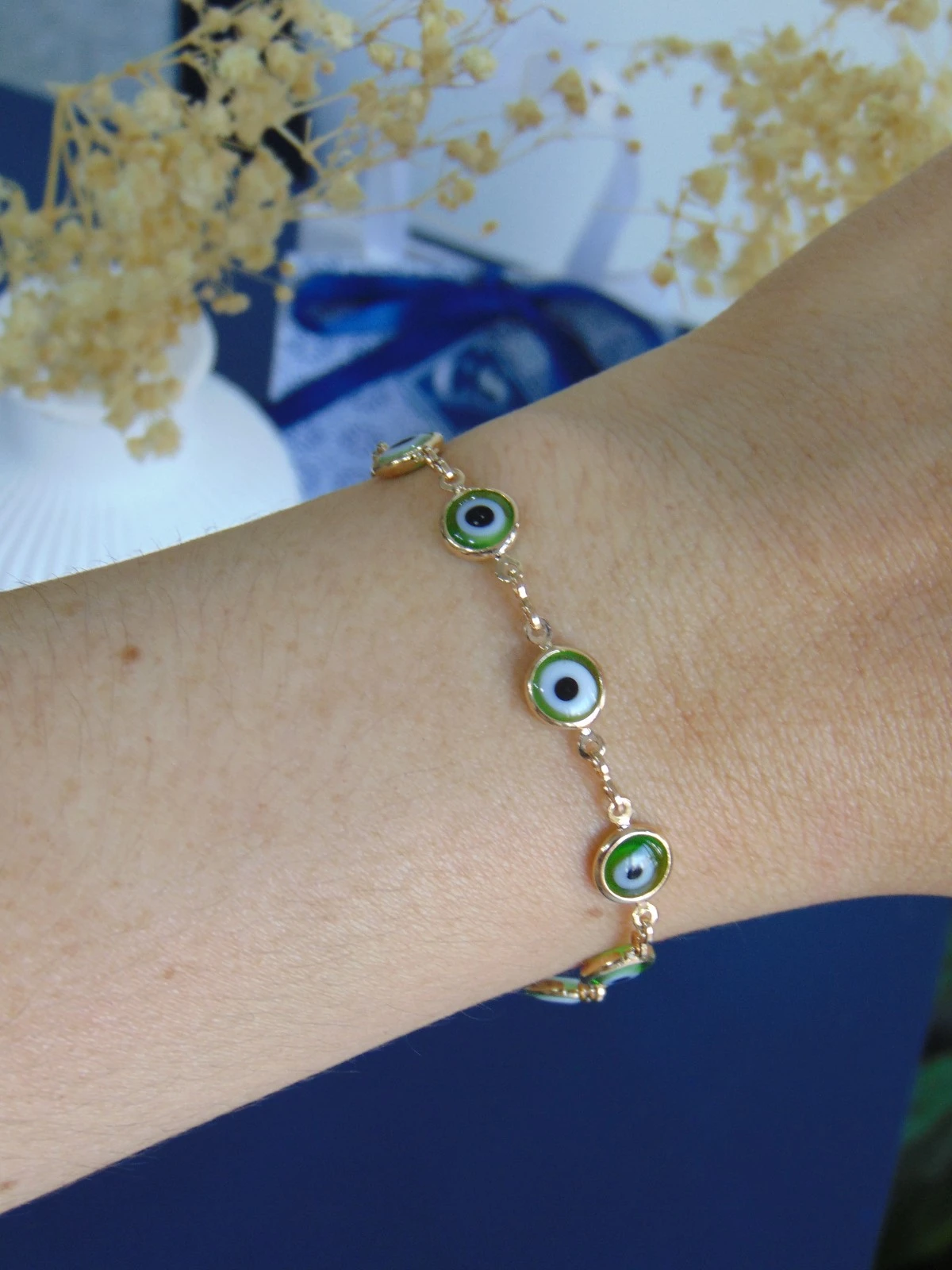 PULSERA RODIO DOR OJOS TURCOS VERDES