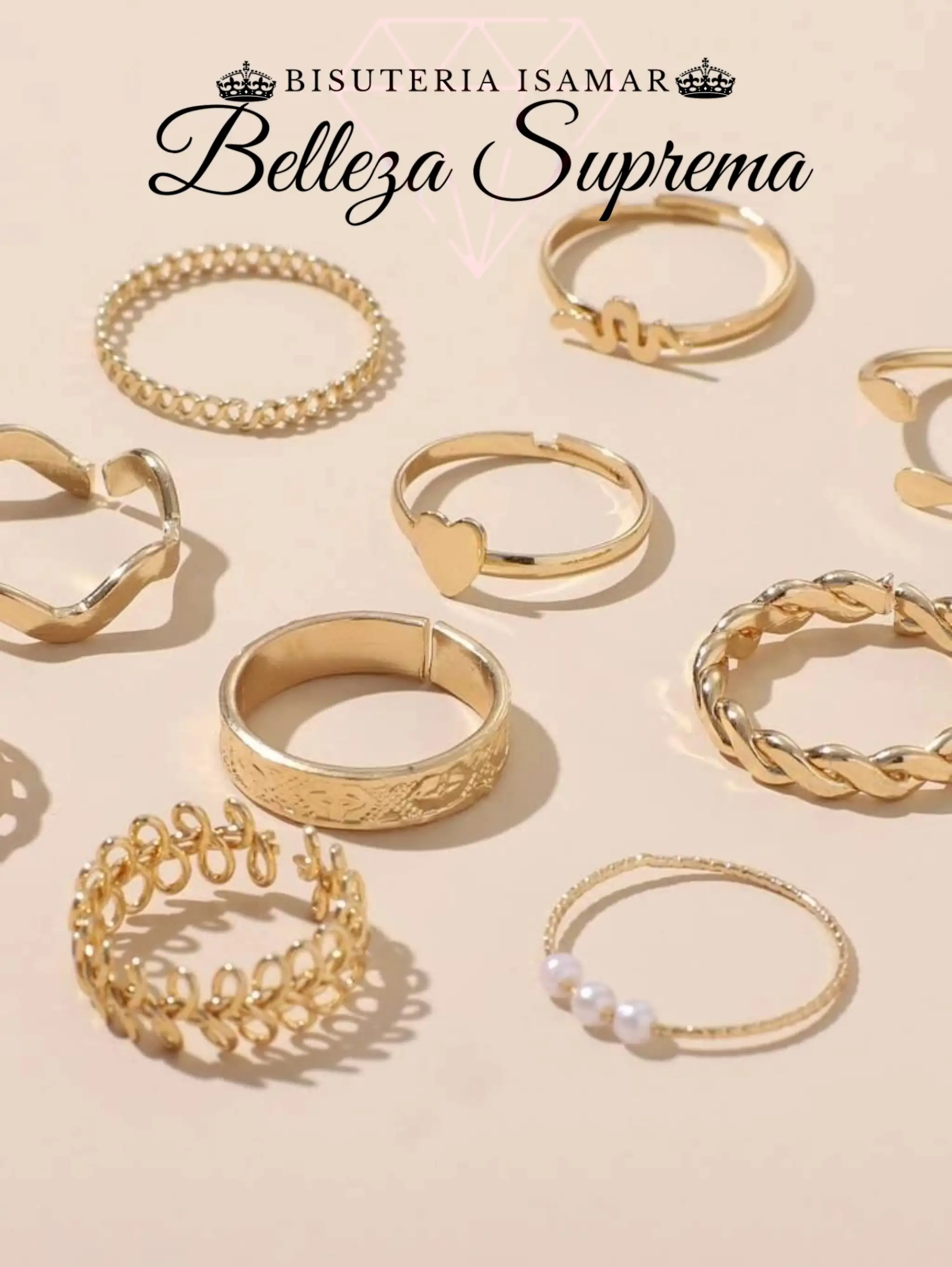 SET DE ANILLOS DORADOS CADENA HOJA PERLAS SERPIENTE 10 2