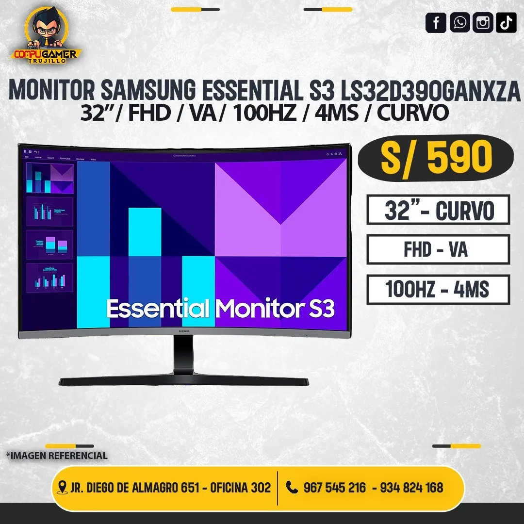 MONITOR SAMSUNG ESSENTIAL S3, 32", FHD, VA, 100HZ, 4MS, CURVO