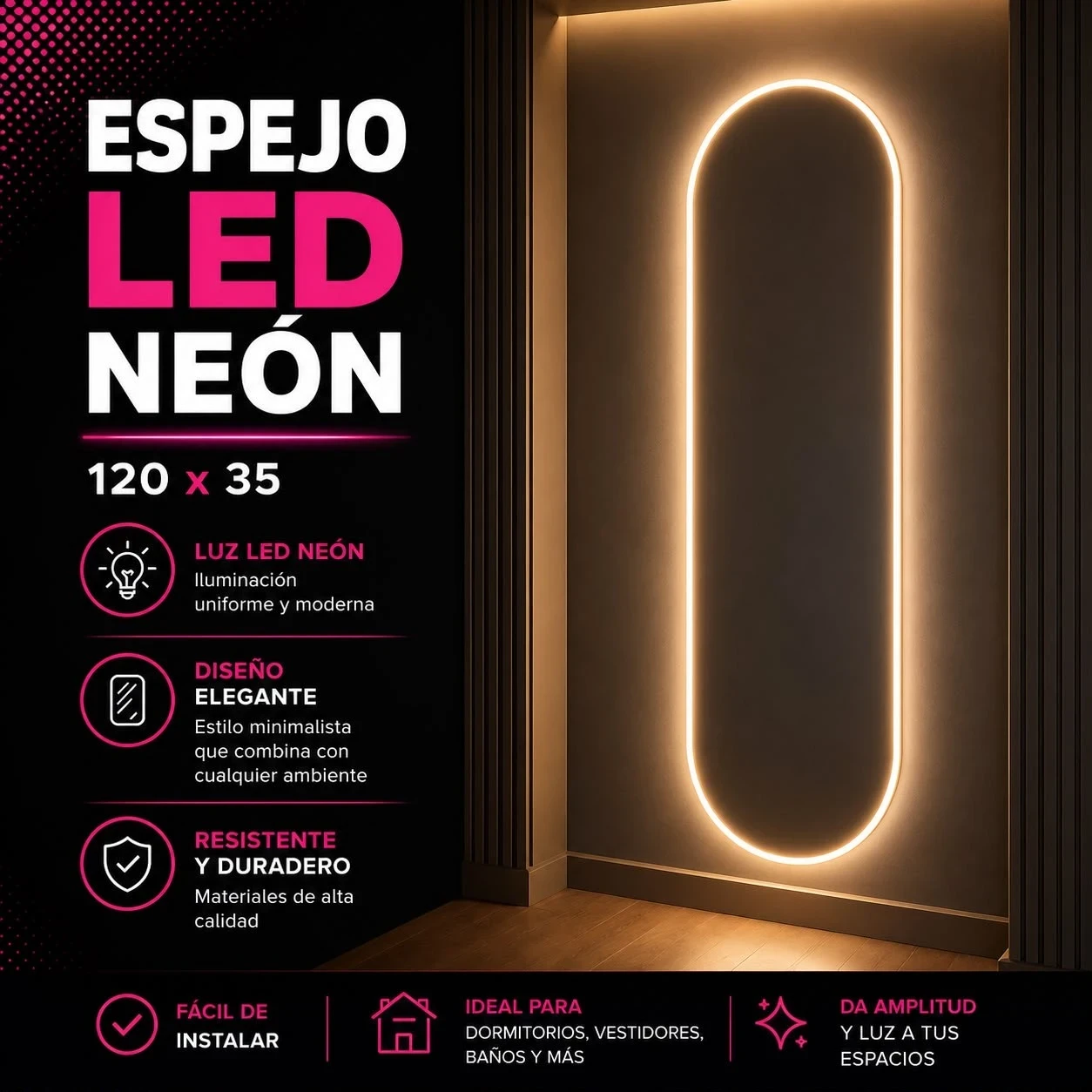 Espejo led neon 120x35 capsula