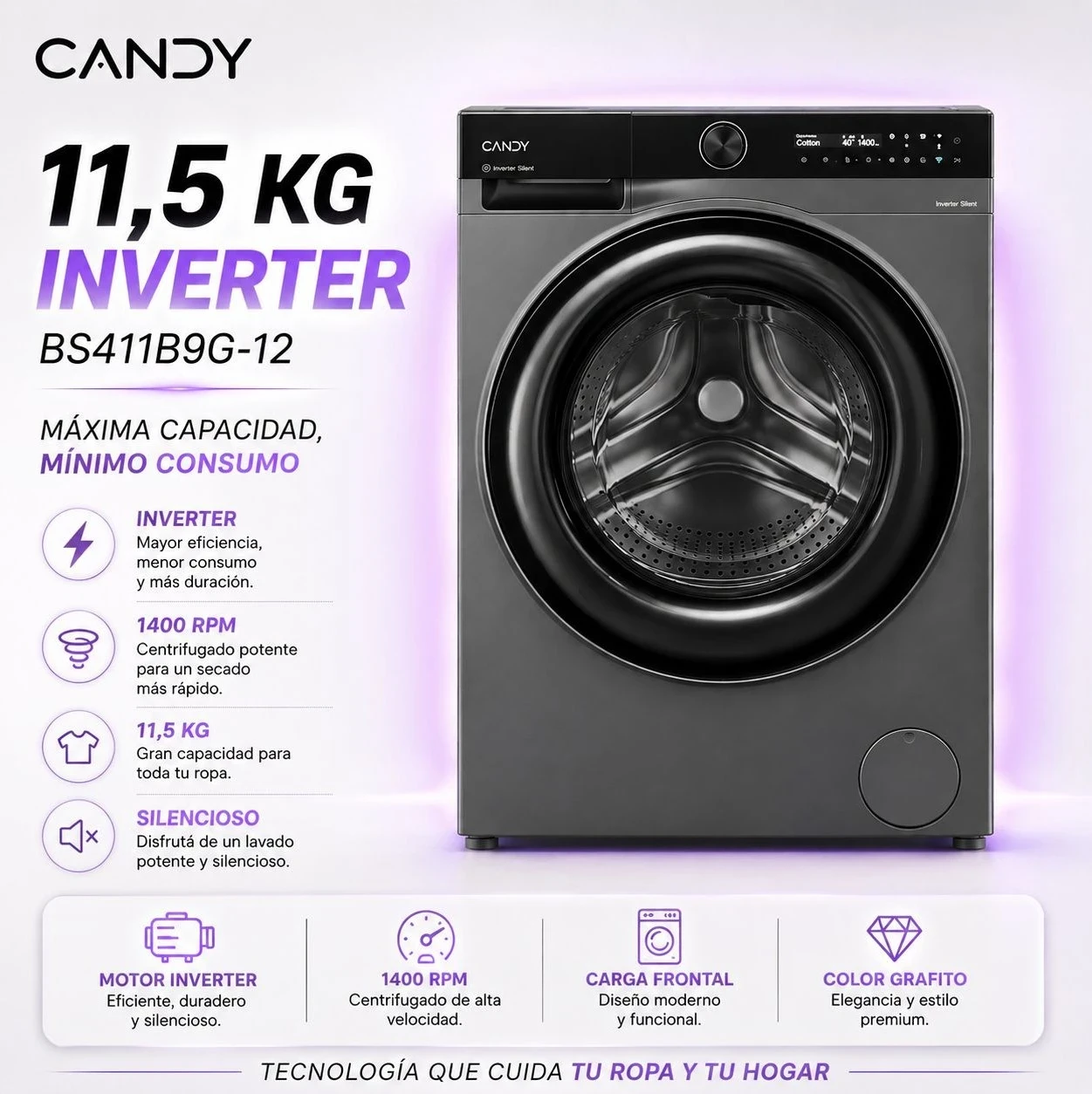 LAVARROPAS CANDY 11,5kg PRO WASH 700 BS 411B9G INVERTER SILVER*