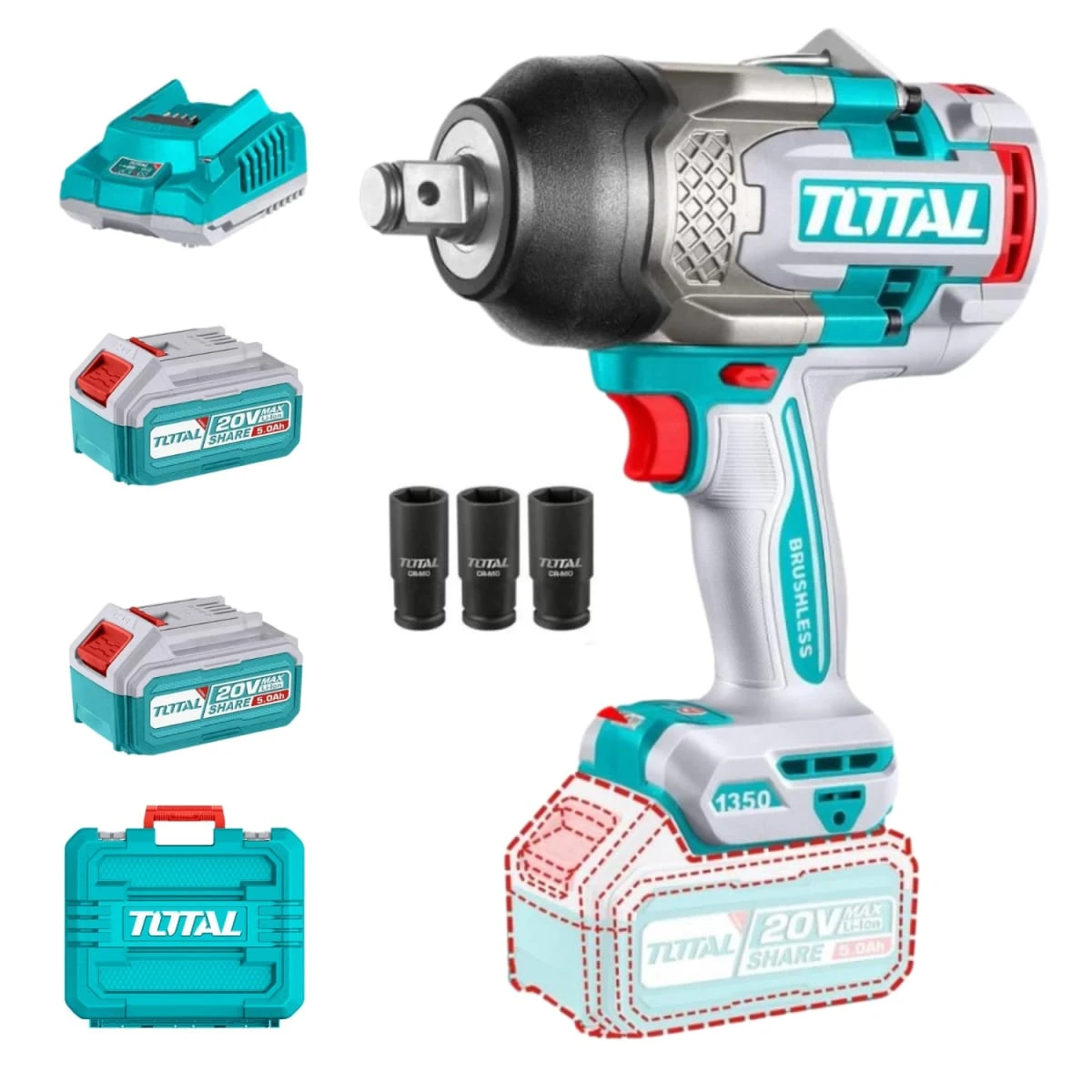 TIWLI20135 Llave de impacto 3/4" 1350nm + 2 baterias 5amp y 1 cargador industrial total 2