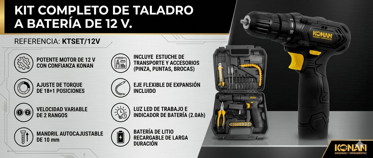 Set Taladro Atornillador a Batería 12V con Herramientas Konan 2