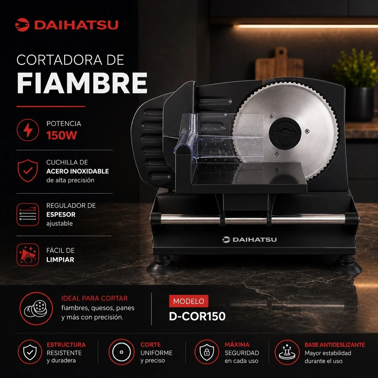 CORTADORA DE FIAMBRE DAIHATSU 150W 17CM NEGRA D-cor150N
