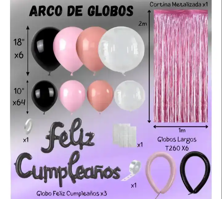 Set super guirnalda Feliz Cumpleaños cortina rosa 100 pcs rosa/negro/rosa viejo/burbuja 2