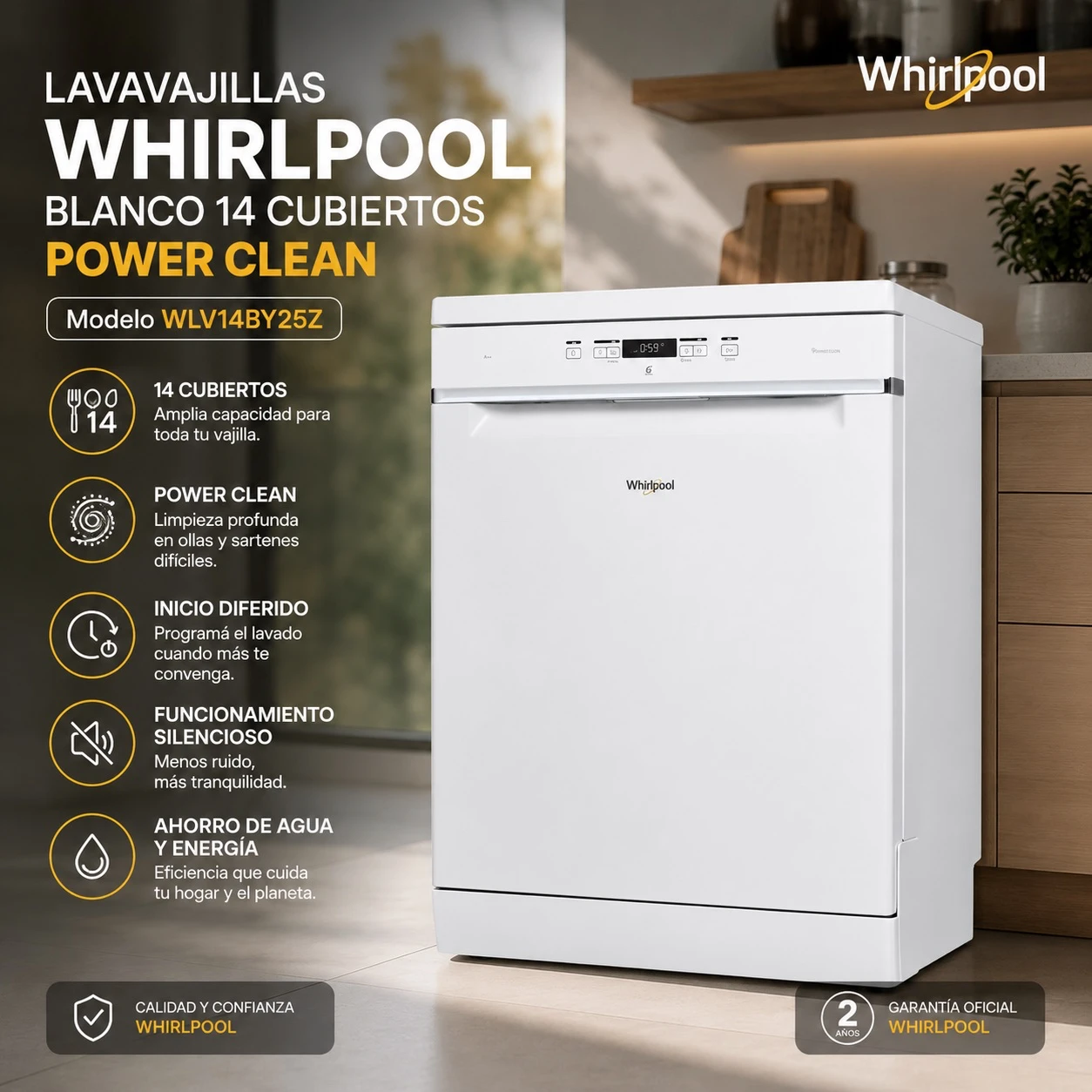 LAVAVAJILLAS WHIRLPOOL 14 CUBIERTOS BLANCO POWER CLEAN