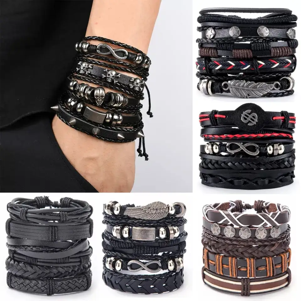 Eif Dock Vinatge-pulsera de cuero multicapa de Metal