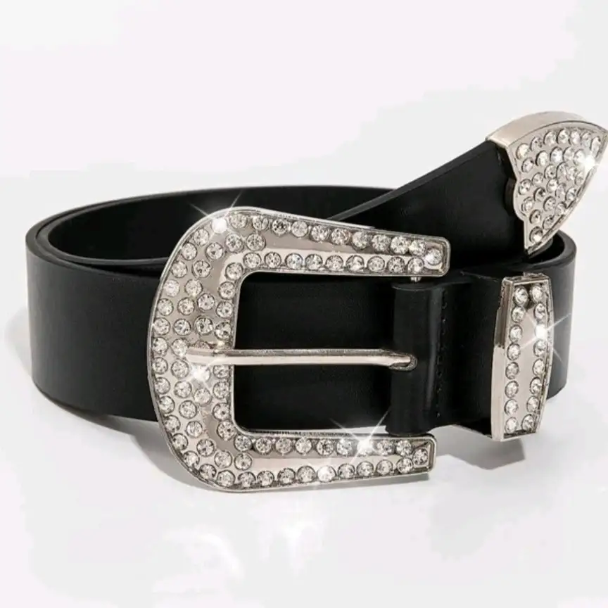 Cinto negro Hebilla Brillos Plata