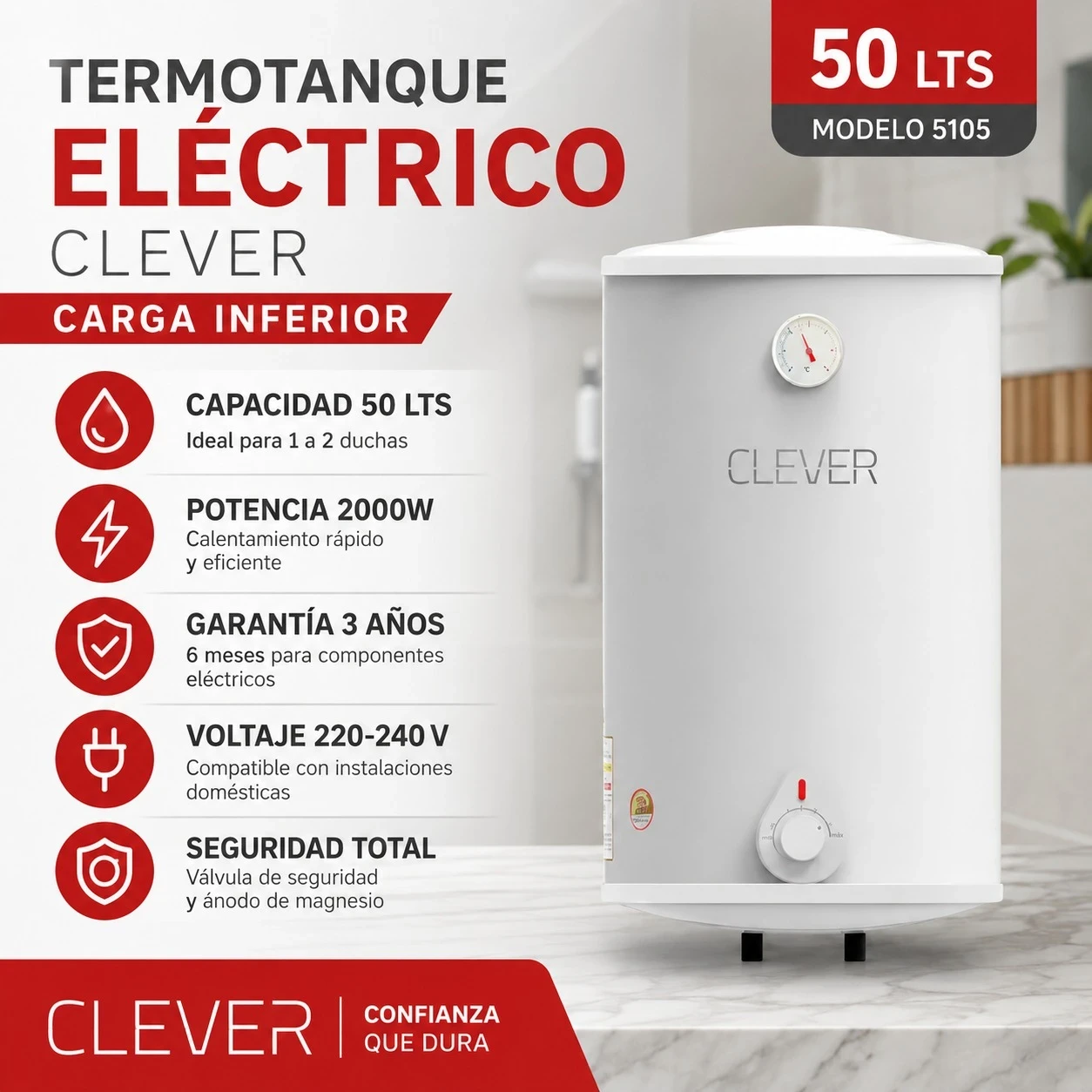 TERMOTANQUE ELÉCTRICO CLEVER 50 LTS - MODELO 5105