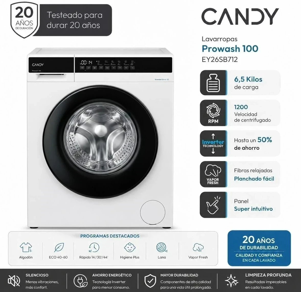 Lavarropas Candy PROWASH 100 EY26SB712 6.5 KG 1200RPM blanco Inverter
