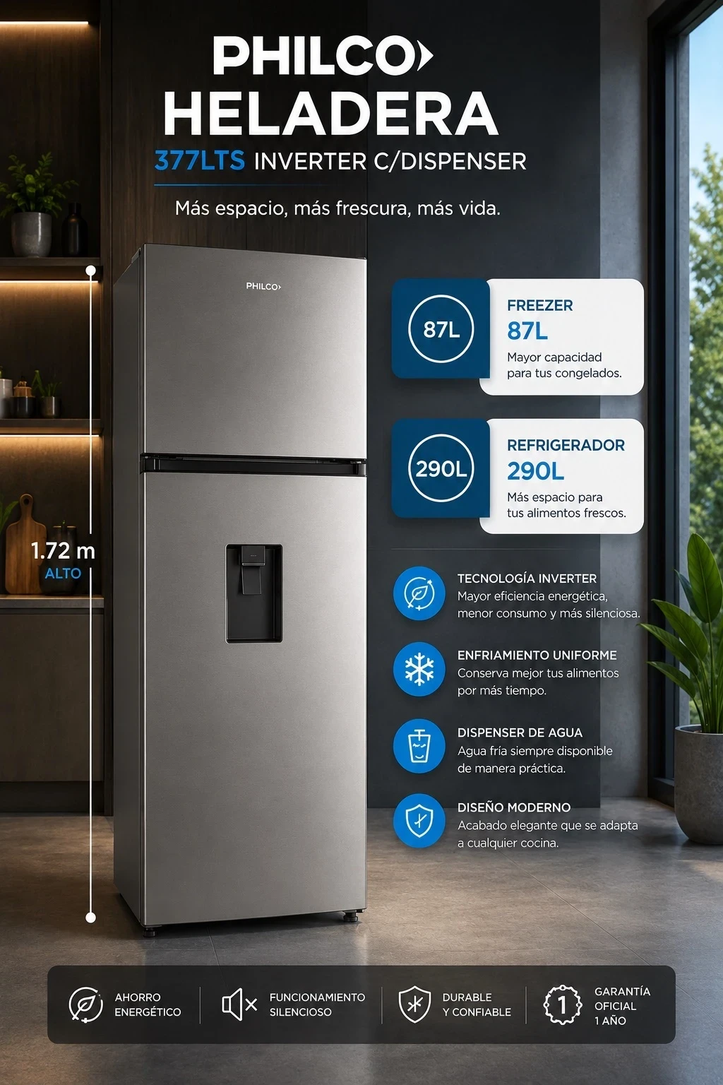 HELADERA PHILCO 377LTS NO FROST INVERTER C/DISPENSER INOX 