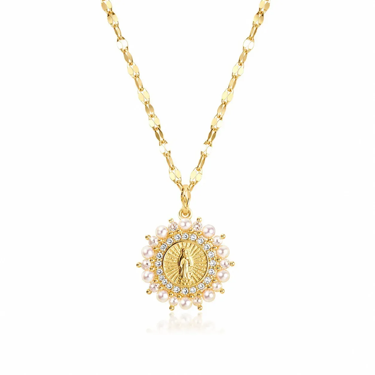 Cadena Y Dije En Acero Con Piedra Circon De Virgen Pequeña Perlas Blancas 3
