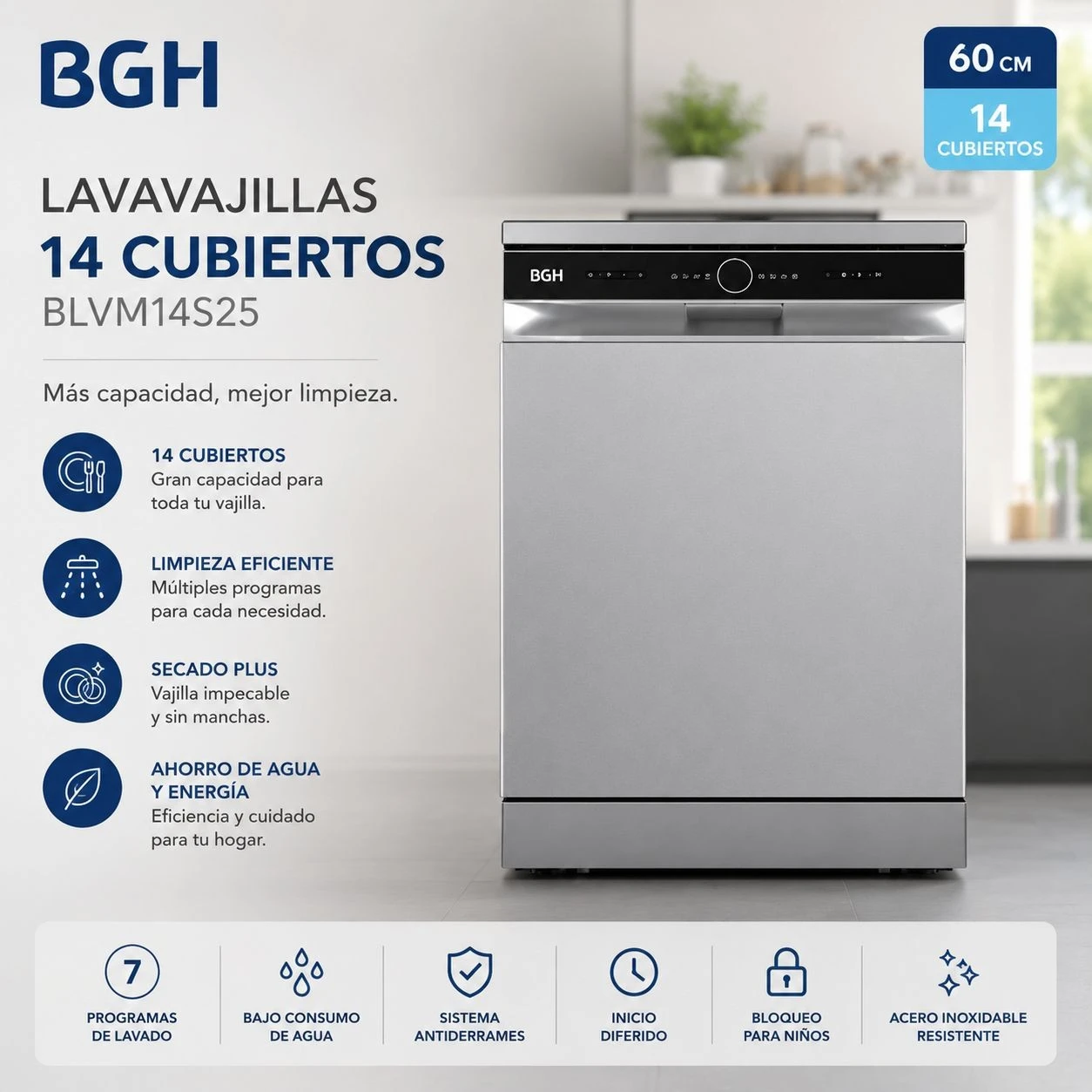 LAVAVAJILLAS BGH BLVN14S25 14 CUBIERTOS SILVER*