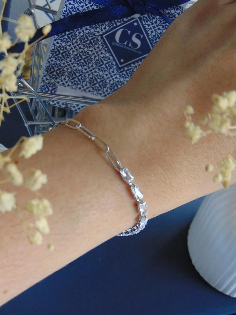 PULSERA RODIO PLATE MITAD BAGUET ESLABON OVALADO 2MM | 17CM LARGO