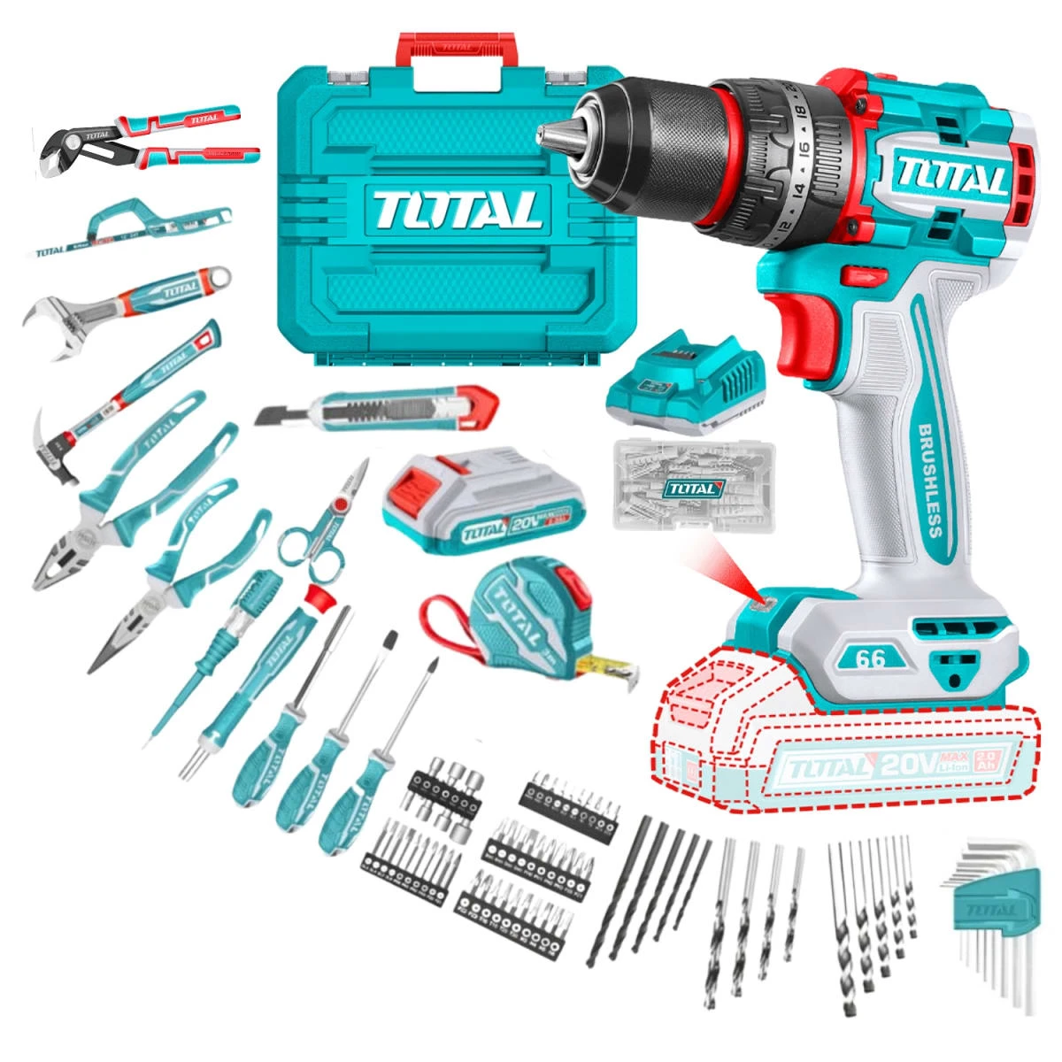 THKTHP41667 Taladro percutor 66nm 20v + 166 herramientas total  9