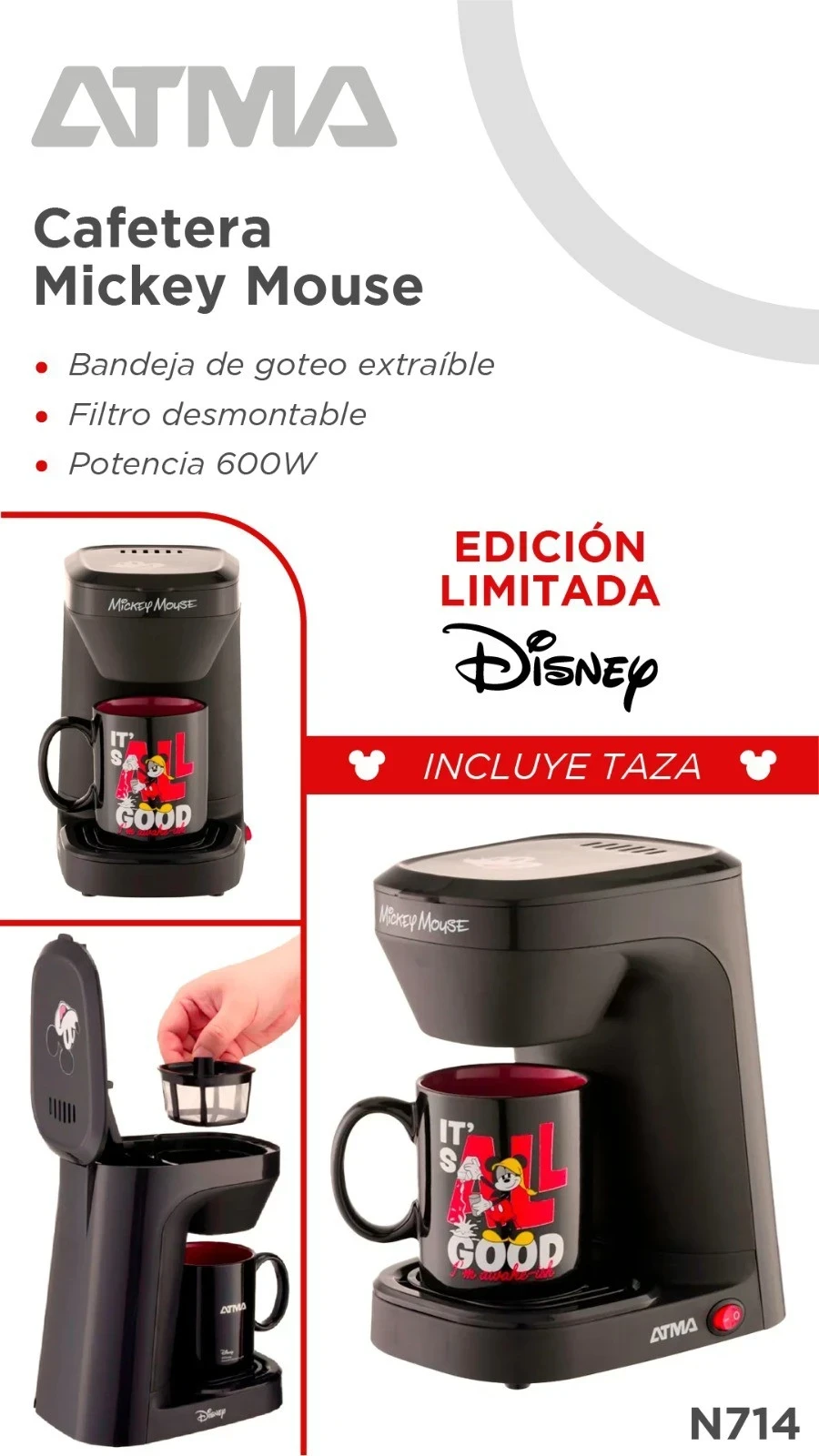 Cafetera Mickey Mouse ATMA c /taza
