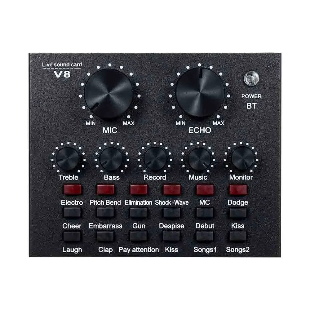 Interface tarjeta consola de sonido V8 podcast  PEDIDOS: 69442828 CONSOLA V8 Audio Externo USB Auricular para Micrófono Transmisión en vivo Tarjeta de sonido para teléfono móvil Computadora PC Característica: 1. 112 tipos de sonido eléctrico, 18 tipos de efectos de sonido, 6 tipos de modos de efectos. 2. Ajuste de tamaño de reverberación, ajuste de volumen del micrófono, ajuste de graves altos, control de volumen de grabación, control de volumen de música, control de volumen de monitoreo (función de auricular). 3. Admite el uso de la computadora del teléfono móvil, admite el uso de un solo auricular. 4. 7 tipos de métodos de conexión: un teléfono celular K canción en vivo, doble teléfono celular en vivo, tres teléfonos móviles en vivo, teléfono móvil computadora en vivo sincrónico, una computadora en vivo, acompañamiento de computadora teléfono celular en vivo, entrada de instrumento teléfono celular en vivo.  5. Función de Bluetooth.  Especificación: Batería: batería recargable de iones de litio Material: metal De color negro Tamaño del producto: 125x105x25 mm / 4.92x4.13x0.98 '' Peso: 467g  Nota: Puede haber una diferencia de 1 a 3 mm debido a la medición manual. Debido a las diferentes pantallas y luces, es posible que la imagen no muestre el color real del artículo. Gracias por su comprensión.  Paquete incluido:  1 x tarjeta de sonido 2 x cables de audio 1 x cable USB 1 x manual de usuario en inglés 4