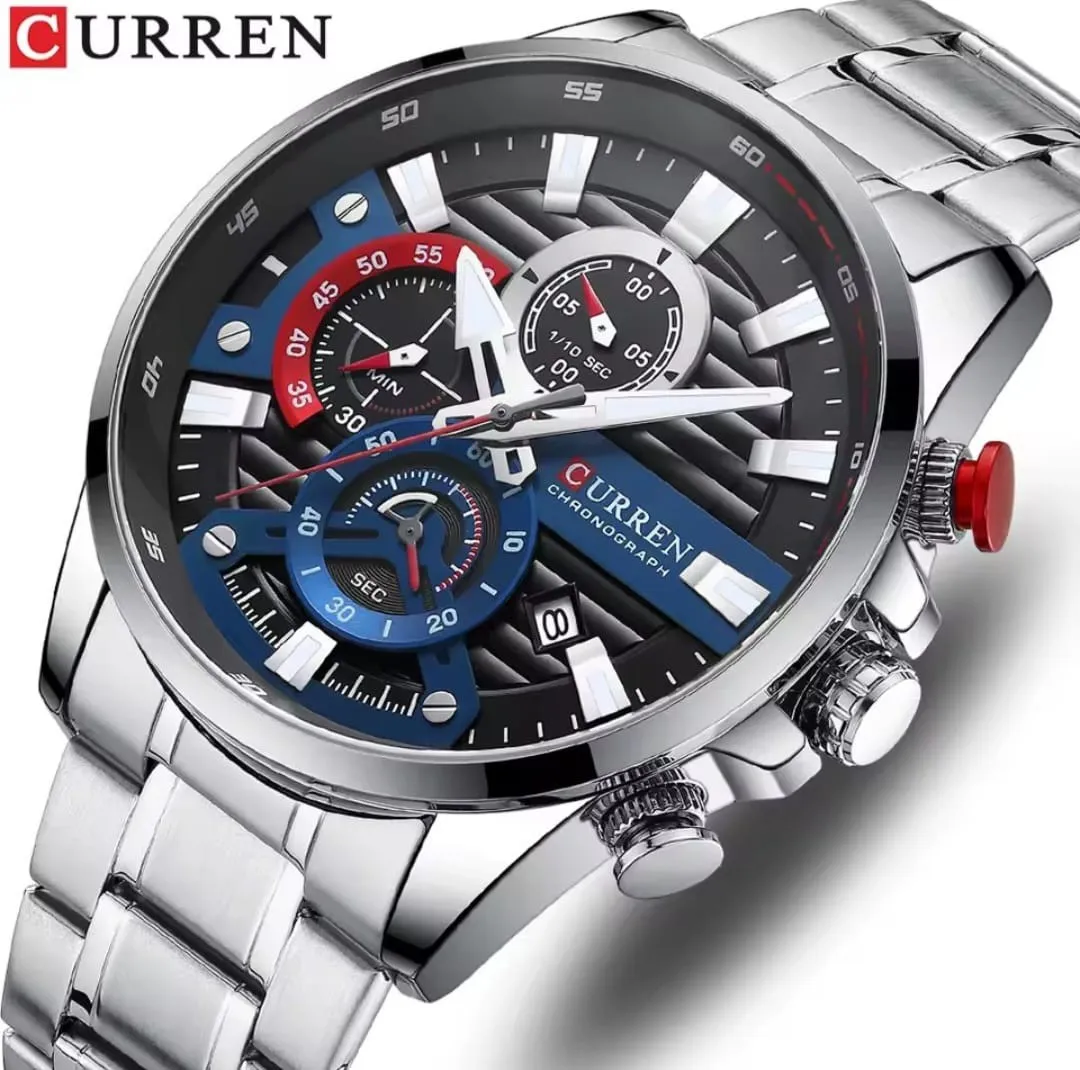 Reloj Curren Original Acero Cronografo 8415 Plateado Fondo Negro Azul Rojo