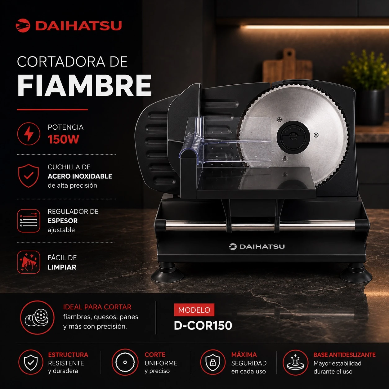 CORTADORA DE FIAMBRE DAIHATSU 150W 17CM NEGRA 