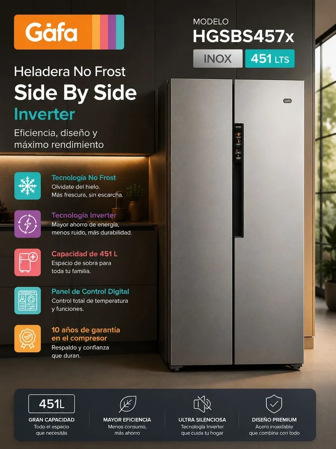 HELADERA GAFA NO FROST SIDE BY SIDE  INVERTER 451LTS INOX‼️SOLO POR PEDIDOS‼️