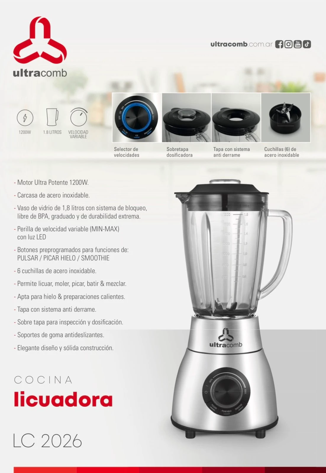 LICUADORA ULTRACOMB LC-2026 1,8LTS 1200W (JARRA VIDRIO)*