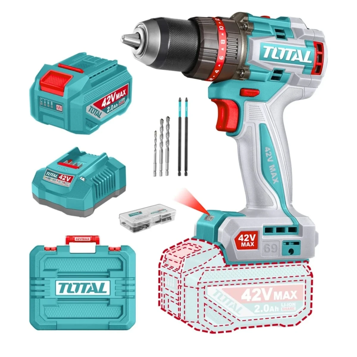 TIDLI426981 Taladro percutor 69nm + 1 batería y cargador 42v total 7