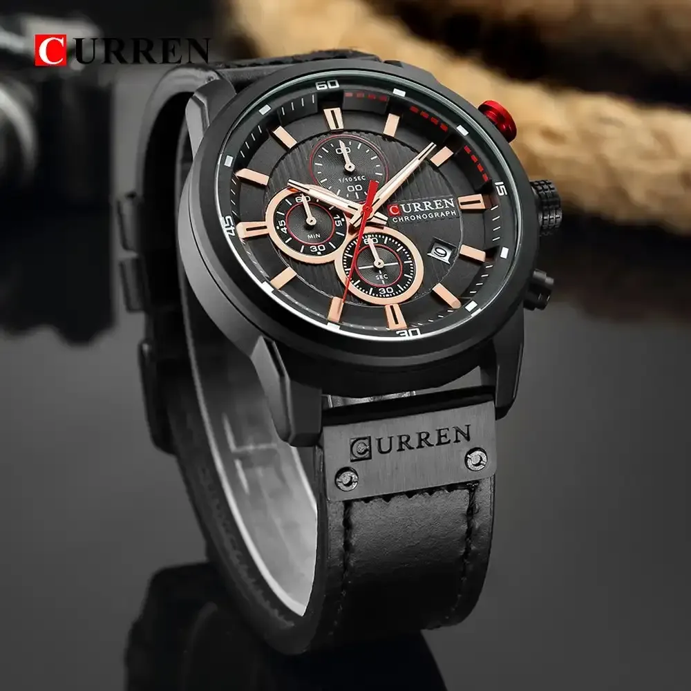 Reloj Curren Original Pulso Cuero Cronografo 8291 Pulso Negro Fondo Negro 4
