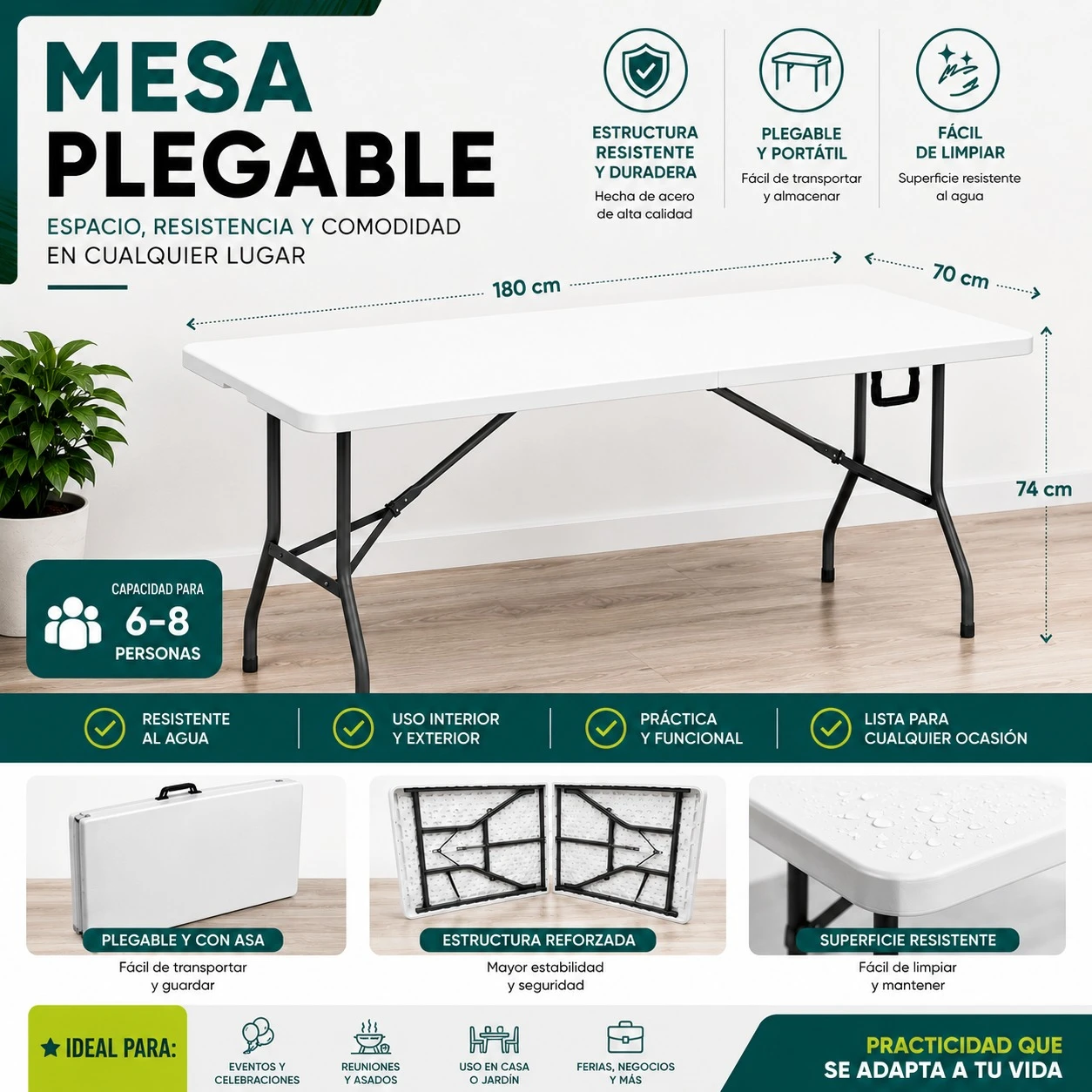 MESA PLEGABLE NOVOHOME NH-CT180 - (180 x 70 cm)