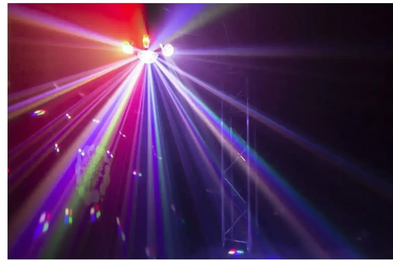 BeamZ Whirlwind, Efecto de luz DMX 3 en 1, 4 LED RGBW giratorios, 4 focos GOBO, Jelly Ball, 17 Canales DMX, Modo automático y de Audio, Shows preprogramados, Control Remoto Incluido 5