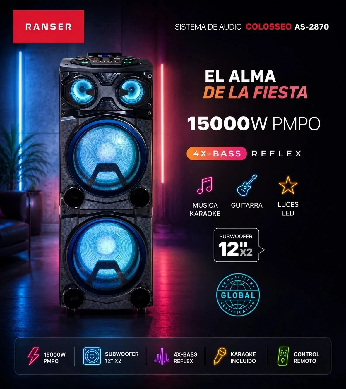 TORRE DE SONIDO RANSER 2000W TAS-2870 CON LUCES  AS-2870