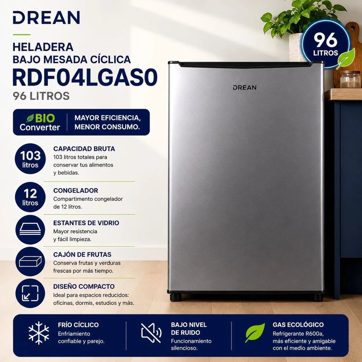 Heladera Bajo Mesada Cíclica 96Lts Drean RDF04LGAS0 Inox