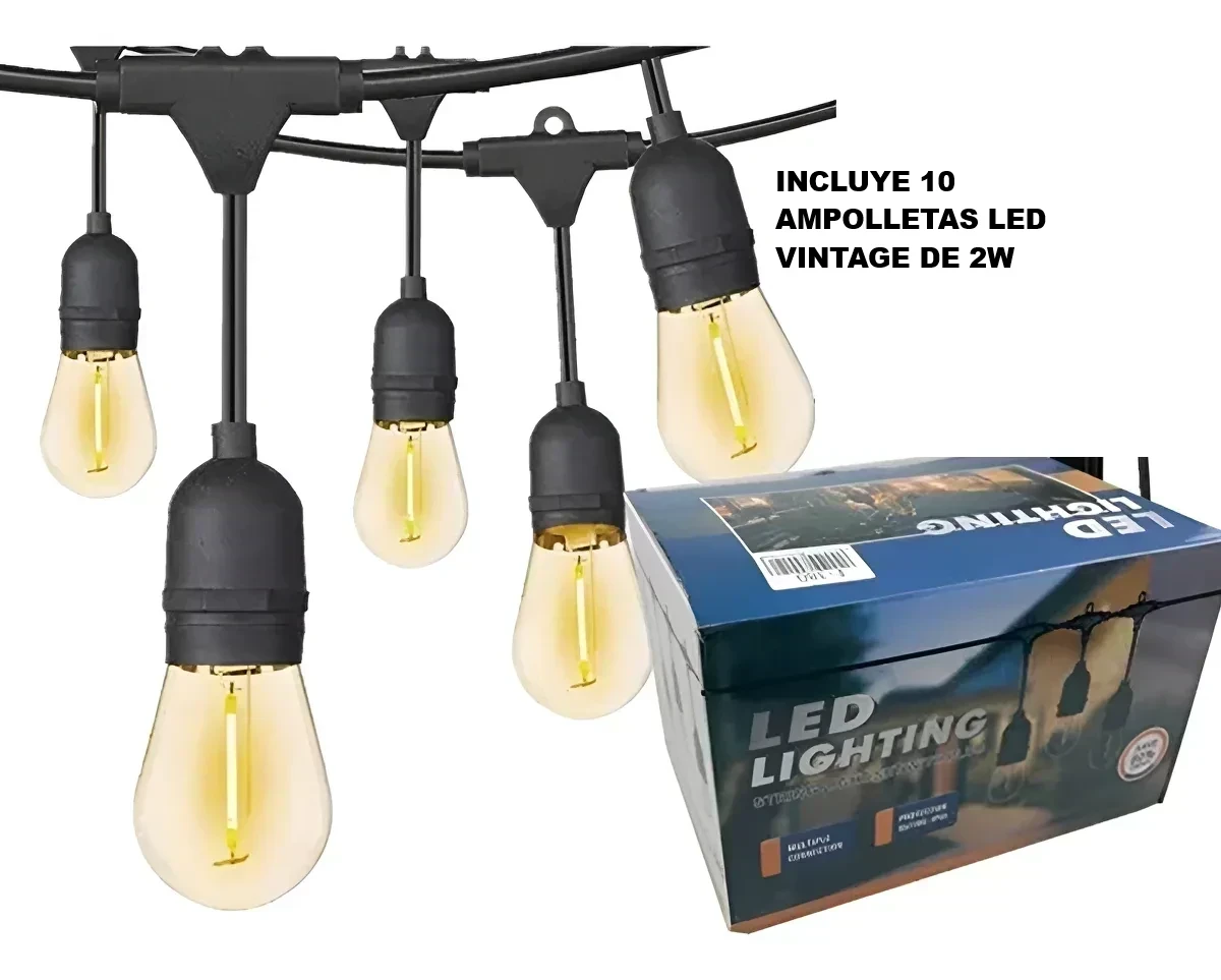 Guirnalda 10 Mts Y 10 Ampolletas 2W Luces Led Exterior E27 Navidad 