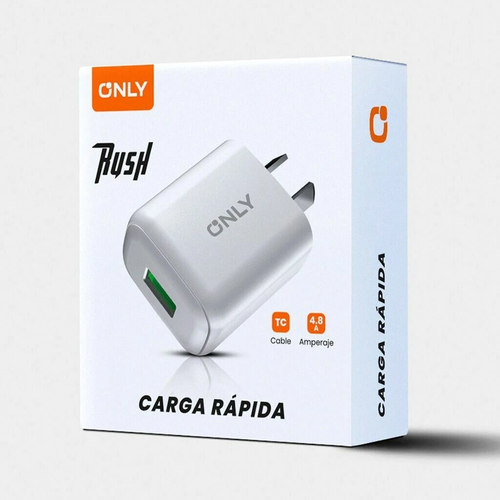 CARGADOR 220V MODO-018 4.8A – RUSH – 1USB + CABLE V8 – ONLY – BLANCO