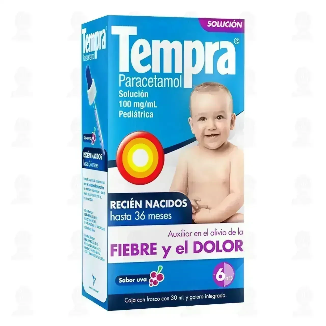 Tempra 100mg/ml Solución Pediátrica Sabor Uva, 30 ml.