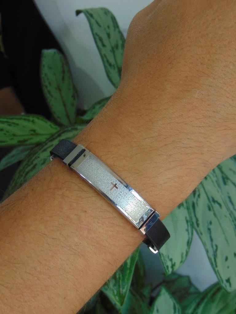 PULSERA ACERO PLATE HOMBRE CUERO DIJE PLACA LISA