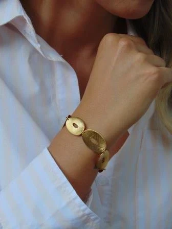 PULSERA BAÑO DE ORO 24K OVALOS PLANOS TALLADOS