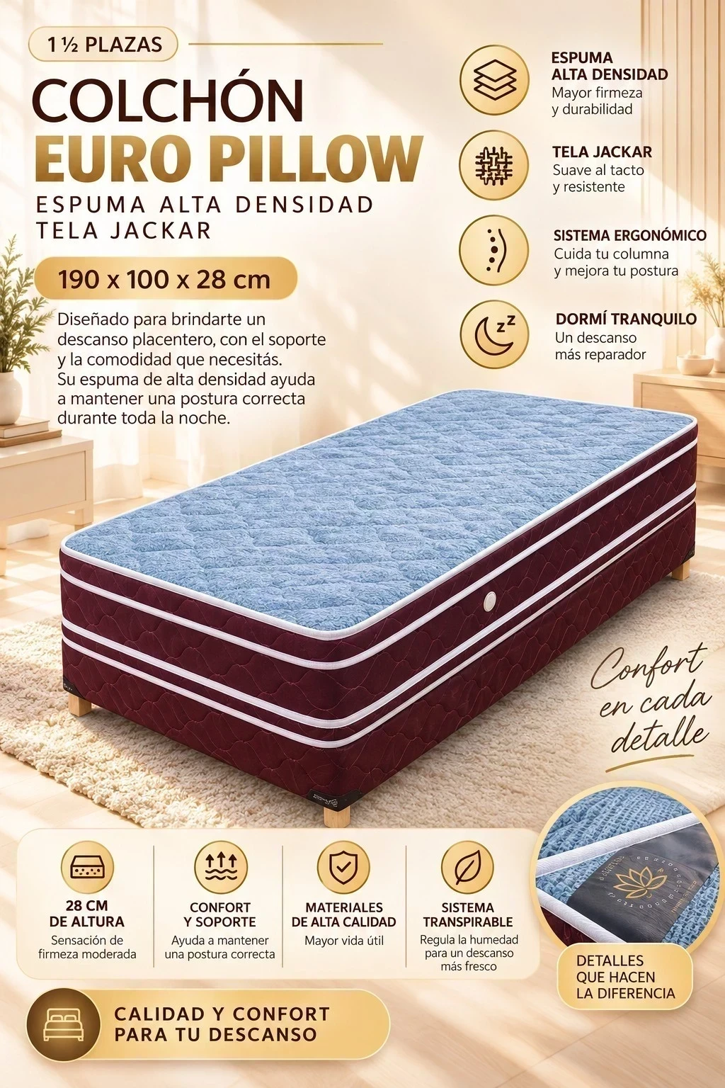 SOMMIER LOTUS — UNA PLAZA Y MEDIA 190 × 100 CM CONSULTAR DISPONIBILIDAD  CON EL VENDEDOR 