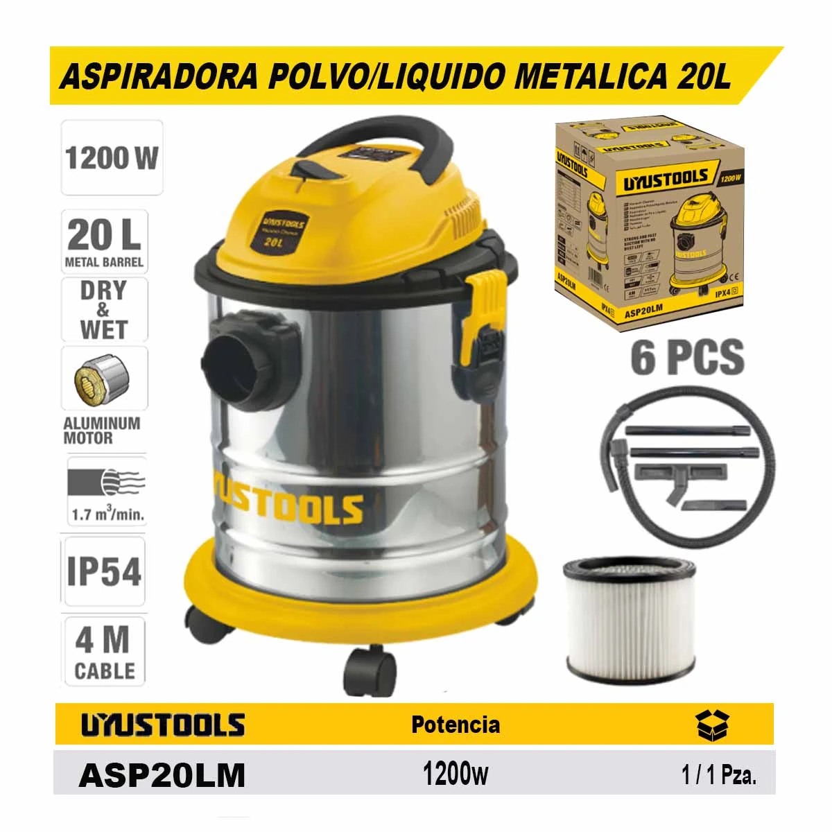 ASPIRADORA POLVO/LIQUIDO METALICA 20L UYU