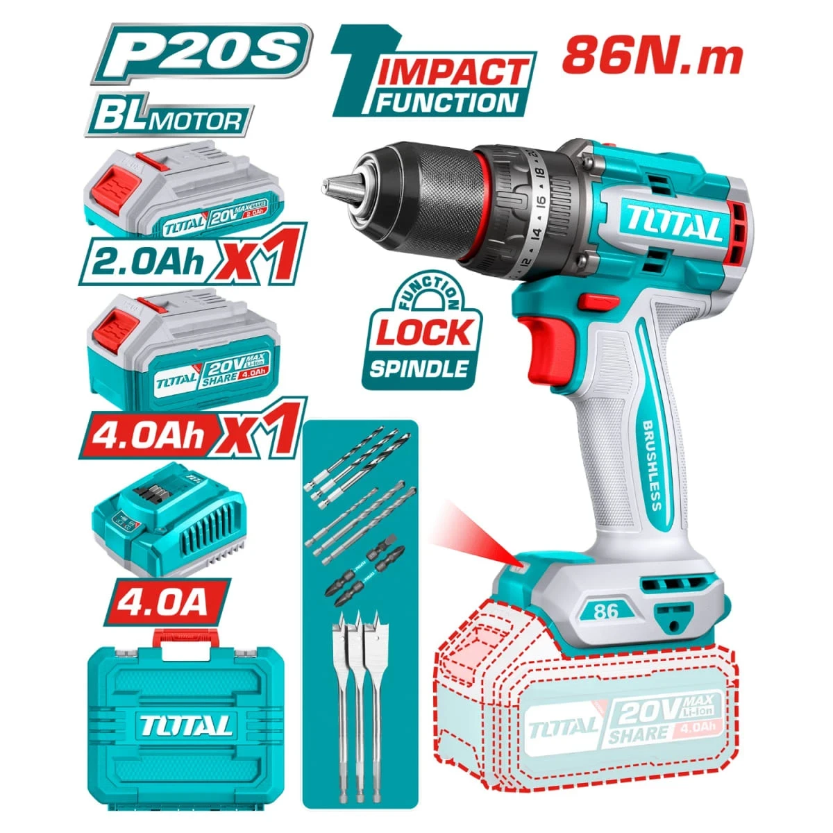 TIDLI20868 Taladro percutor 86nm industrial total