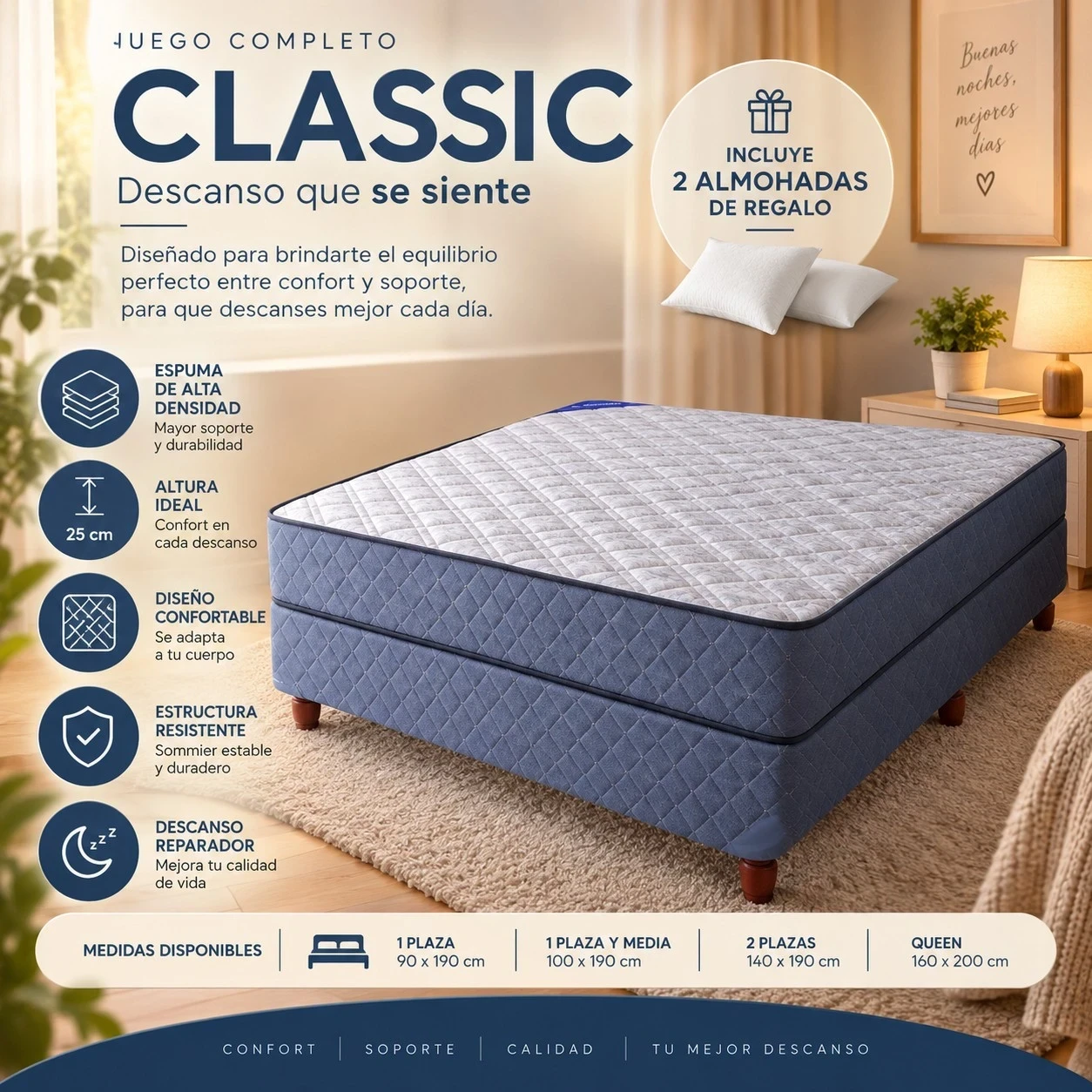  SOMMIER CL ESTELAR CLASSIC — DOS PLAZAS 140 × 190 cm | 20 cm de alto + 2 almohadas de regalo  CONSULTAR DISPONIBILIDAD CON EL VENDEDOR 