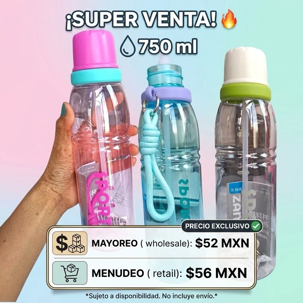 Botella de Agua Deportiva con Popote y Correa de Mano ✨🥤 | Cilindro Portátil con Tapa Protectora