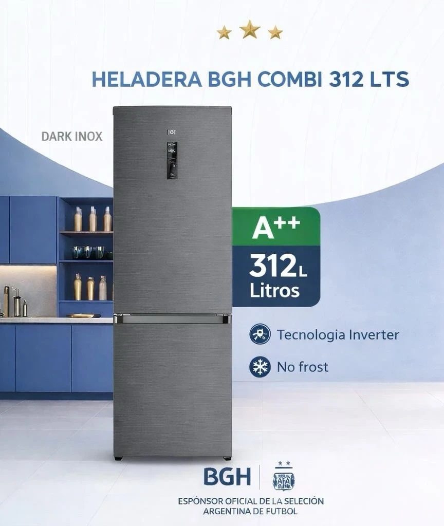 HELADERA BGH 312 LTS INVERTER SILVER BLACK NO FROST