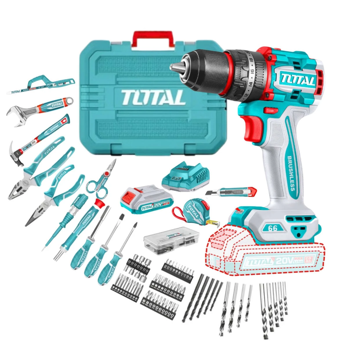 THKTHP11652 Taladro percutor 66nm 20v + 165 herramientas total 6