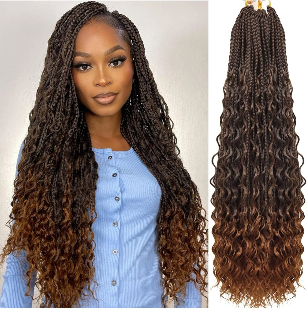 Trenzas de ganchillo de 24 pulgadas, 7 paquetes de trenzas de ganchillo bohemias para mujer, trenzas de ganchillo con extremos rizados (24 pulgadas, T1B/30#)