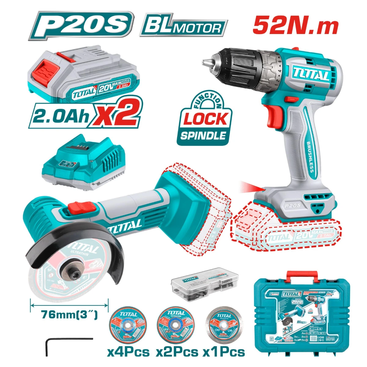 TCKLI20278 Combo taladro 52nm + amoladora 3" total 