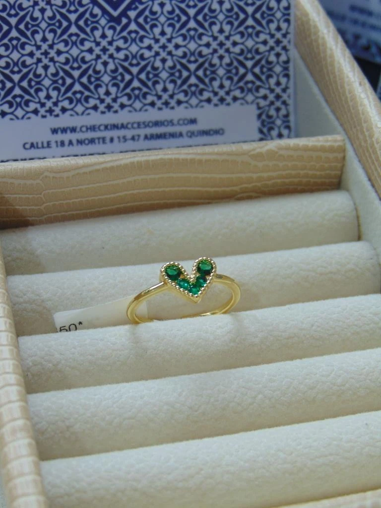 ANILLO ACERO DOR LINEA CORAZON VERDE 2